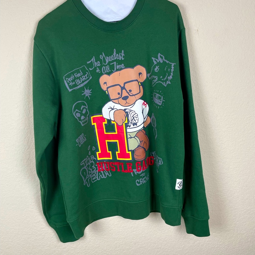 Hustle gang green sweater with the bear logo